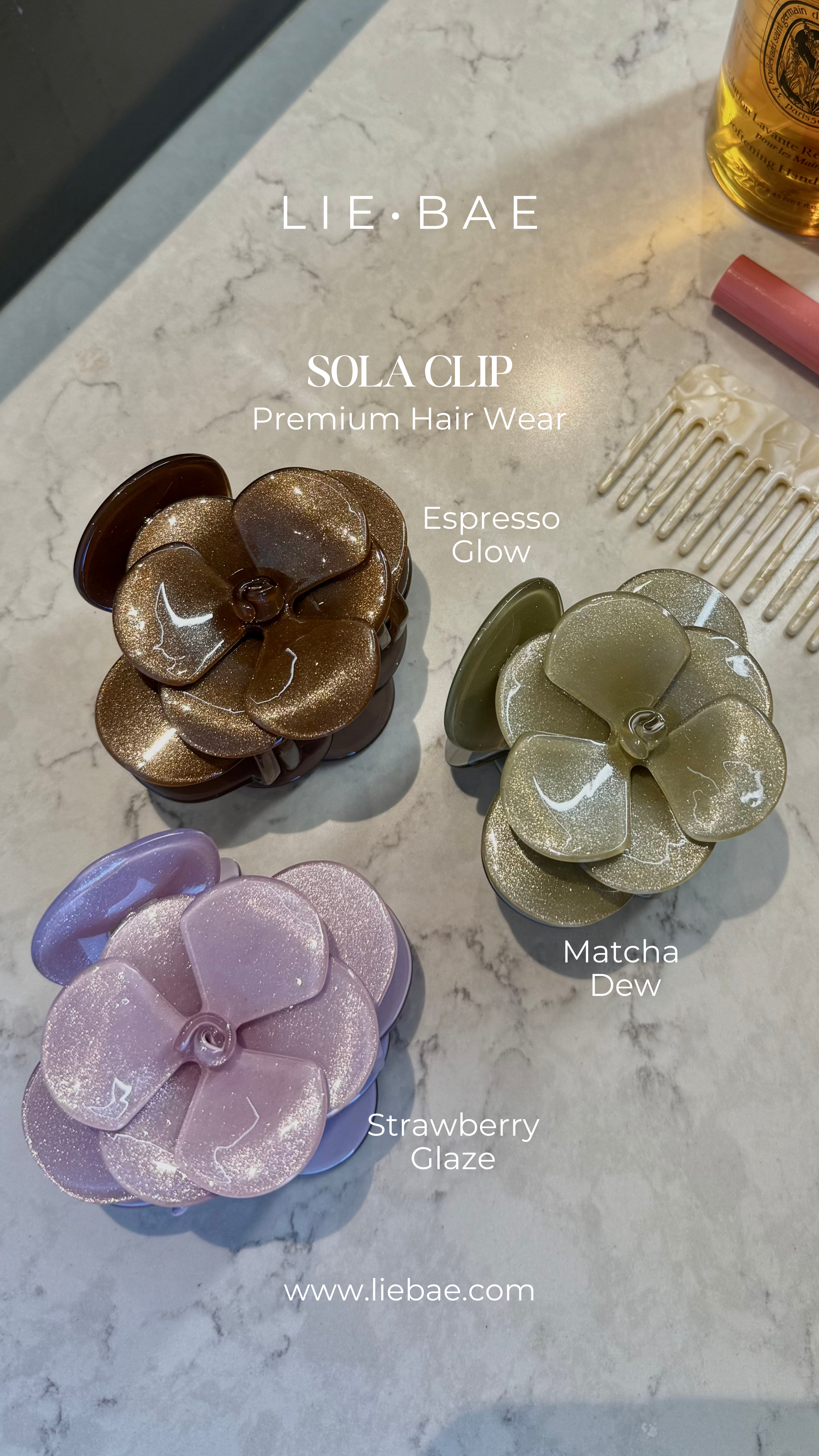 September Hair Clips: LIEBAE Sola in Matcha Dew, Espresso Glow & Strawberry Glaze