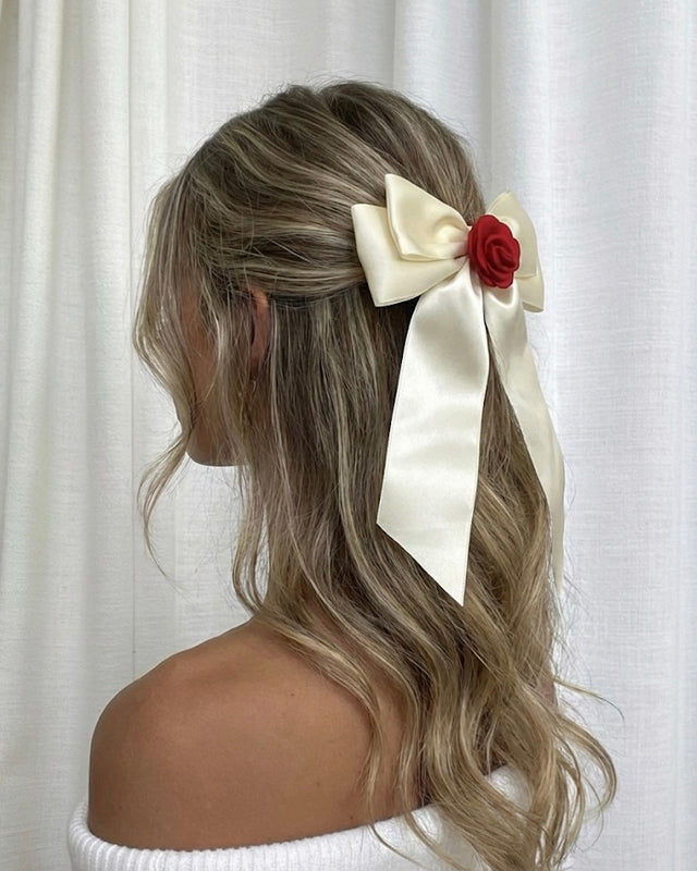 Gioia Satin Haarschleife - Elfenbein/ Rot